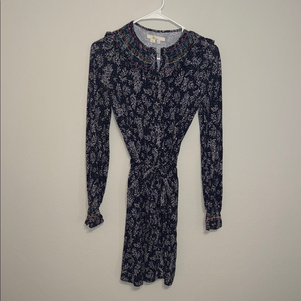 Boden Navy Floral Long Sleeve Dress with rainbow stitching details - size 2. B8